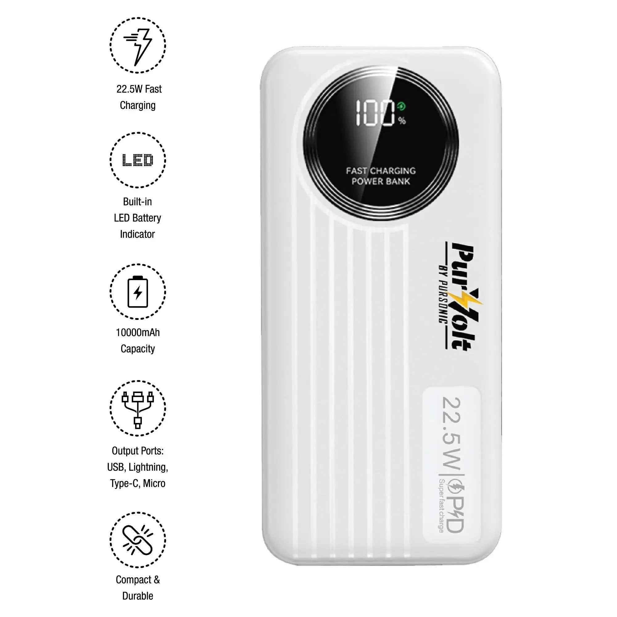 Pursonic 10,000mAh LED Fast Charging Power Bank – Built-in Cables, 22.5W Output, Type-C/USB/Lightning Compatibility