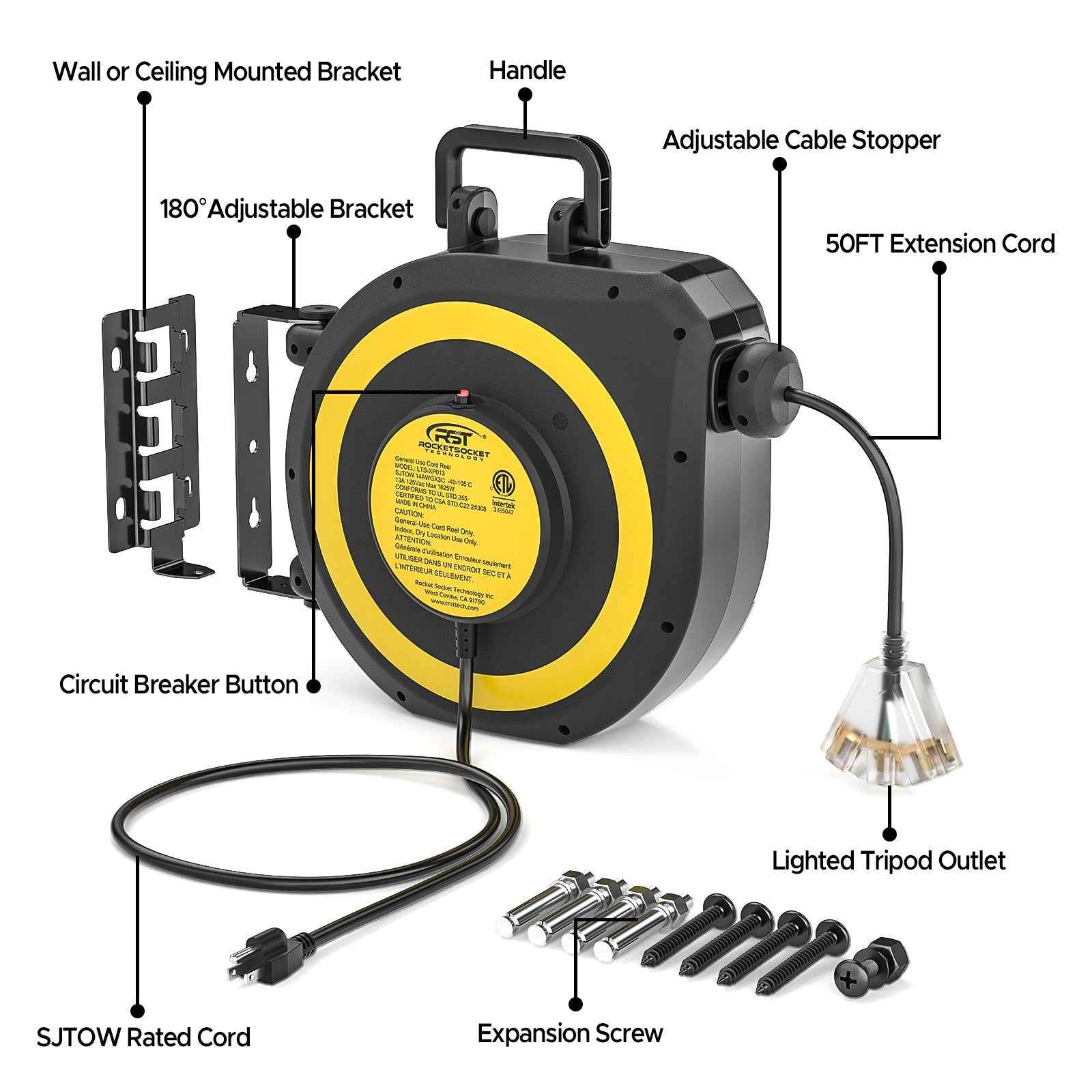 CRST 14AWG 50FT Retractable Extension Cord Reel with Handle 180° Swivel Bracket Automatic Retraction UL Listed 36 Months Warranty - One click