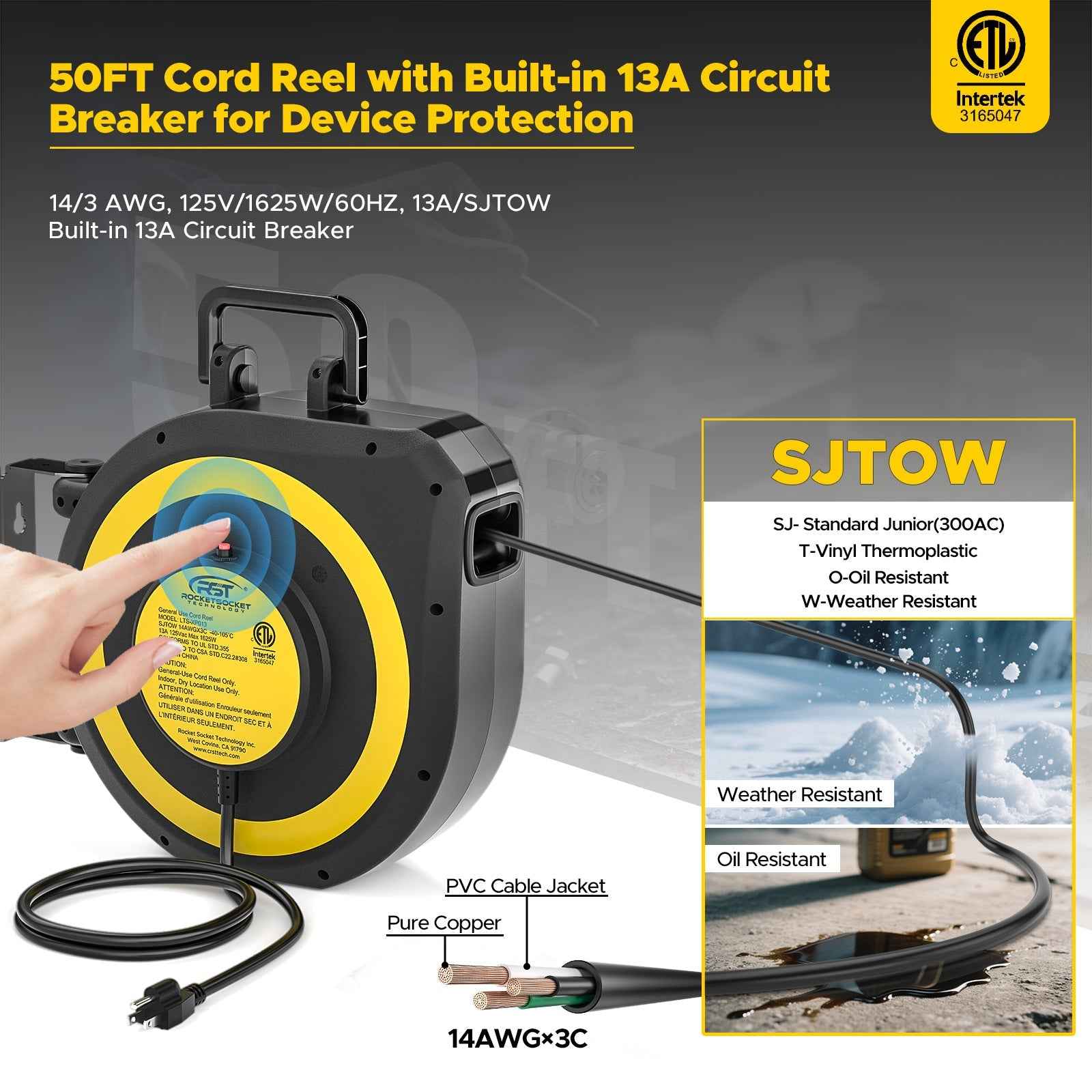 CRST 14AWG 50FT Retractable Extension Cord Reel with Handle 180° Swivel Bracket Automatic Retraction UL Listed 36 Months Warranty - One click