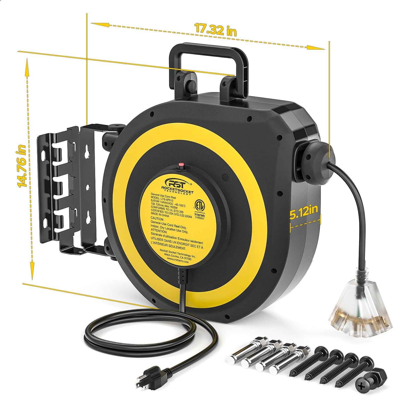 CRST 14AWG 50FT Retractable Extension Cord Reel with Handle 180° Swivel Bracket Automatic Retraction UL Listed 36 Months Warranty - One click