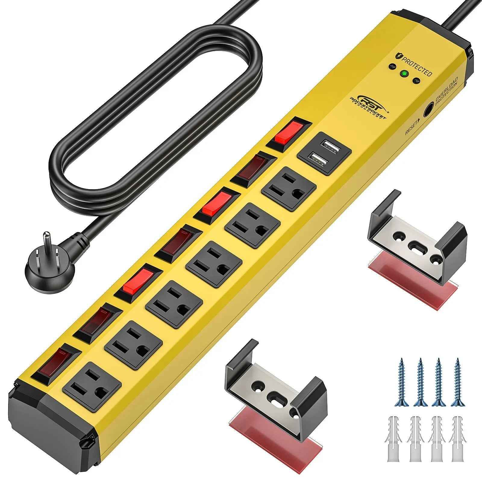 CRST 6 Outlets Individual Switches Mountable Metal Power Strip Surge Protector with Dural USB Ports 6FT Flat Plug Power Cord - One click