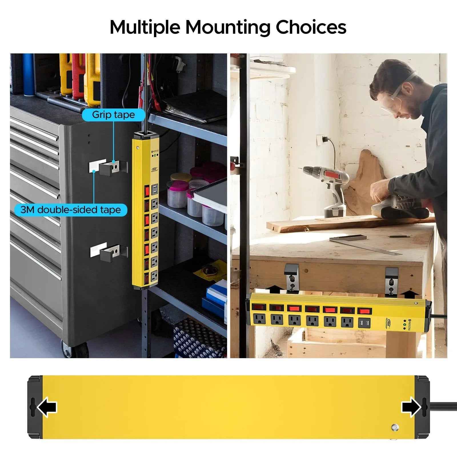 CRST 6 Outlets Individual Switches Mountable Metal Power Strip Surge Protector with Dural USB Ports 6FT Flat Plug Power Cord - One click