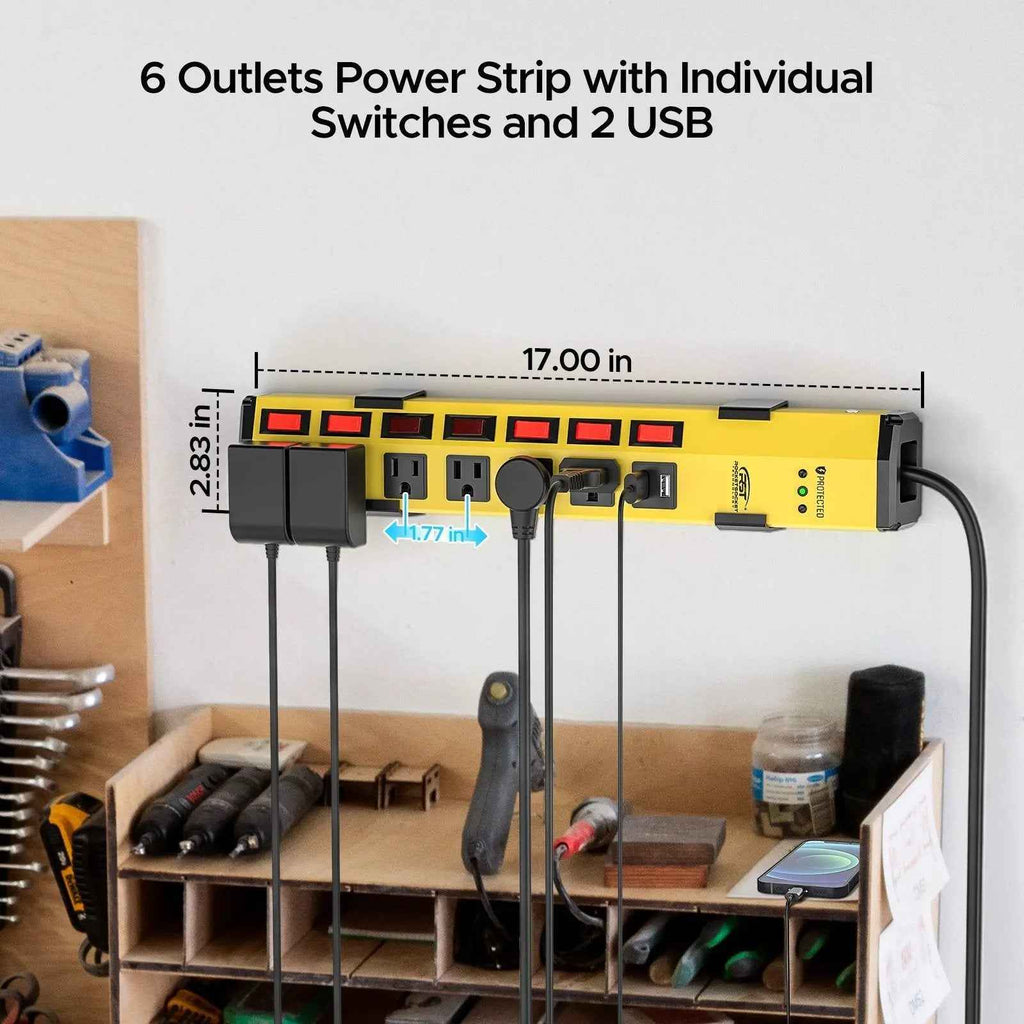 CRST 6 Outlets Individual Switches Mountable Metal Power Strip Surge Protector with Dural USB Ports 6FT Flat Plug Power Cord - One click