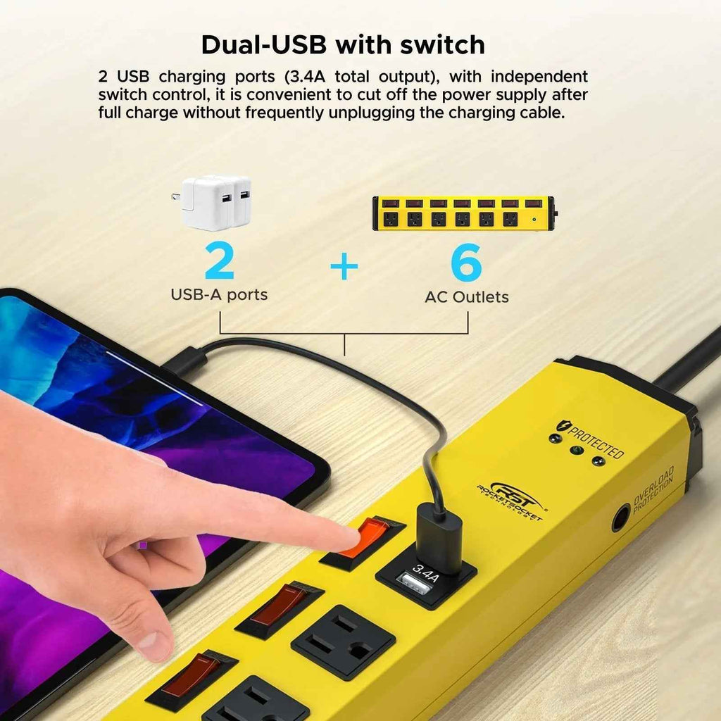 CRST 6 Outlets Individual Switches Mountable Metal Power Strip Surge Protector with Dural USB Ports 6FT Flat Plug Power Cord - One click