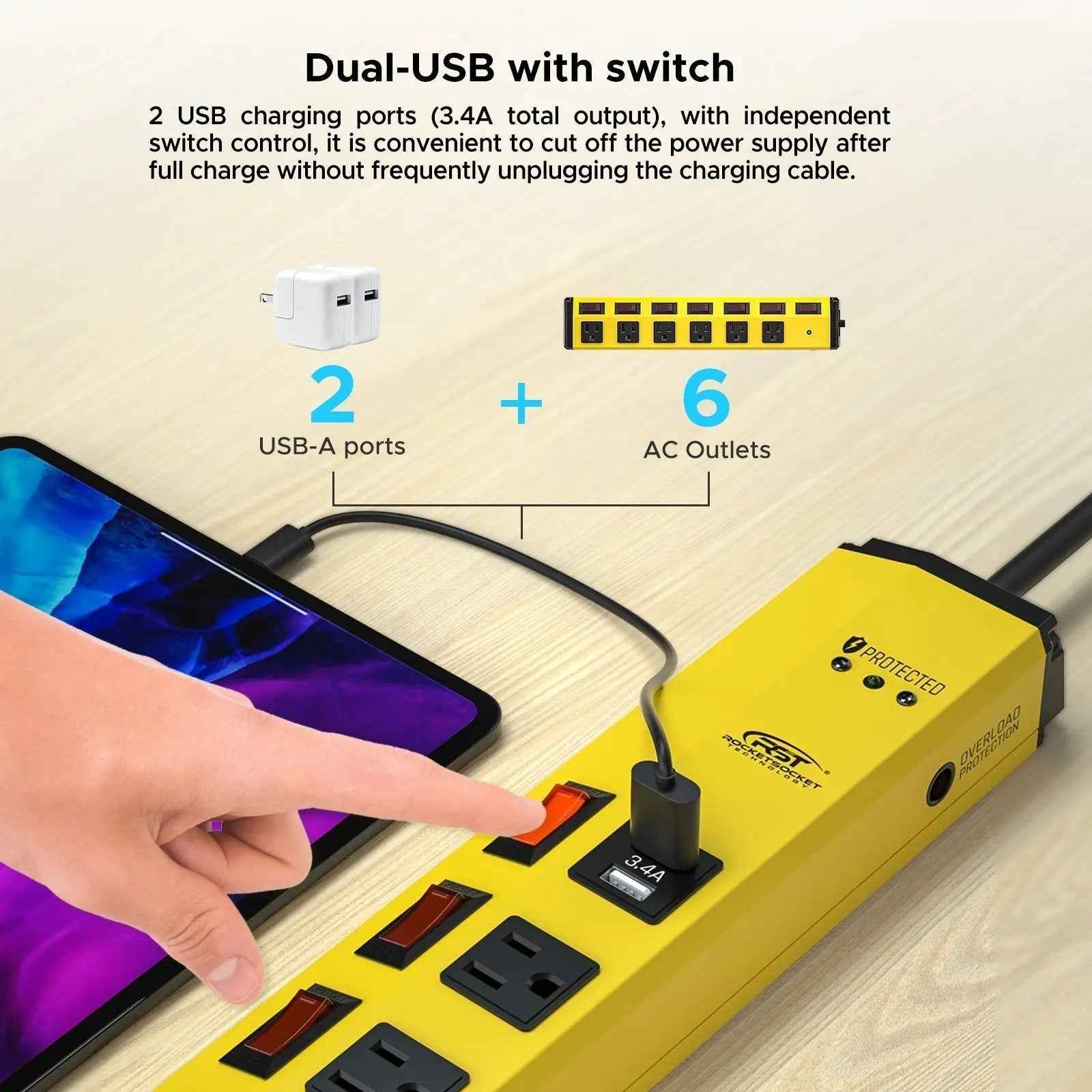 CRST 6 Outlets Individual Switches Mountable Metal Power Strip Surge Protector with Dural USB Ports 6FT Flat Plug Power Cord - One click
