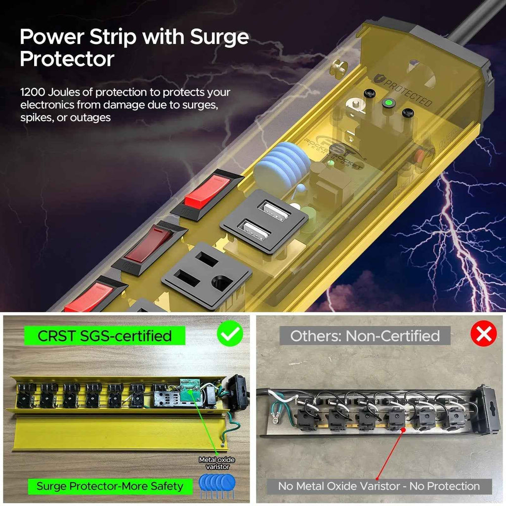 CRST 6 Outlets Individual Switches Mountable Metal Power Strip Surge Protector with Dural USB Ports 6FT Flat Plug Power Cord - One click