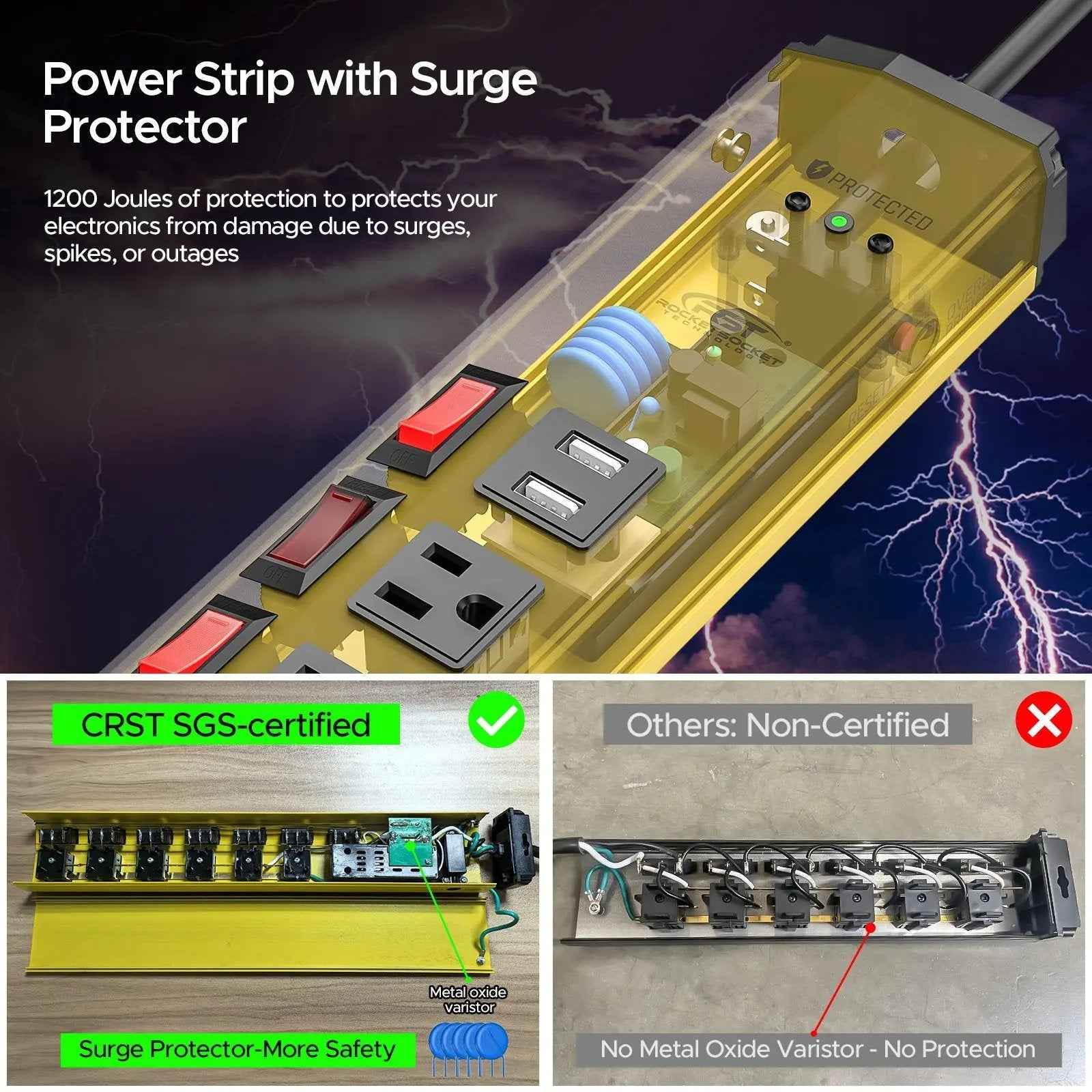 CRST 6 Outlets Individual Switches Mountable Metal Power Strip Surge Protector with Dural USB Ports 6FT Flat Plug Power Cord - One click