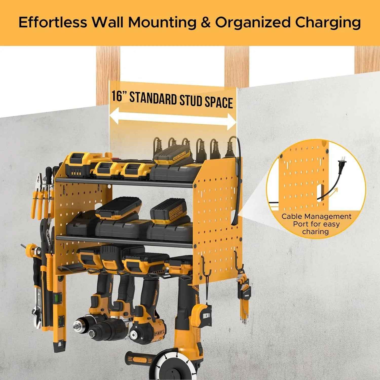 Power Tool Organizer Wall Mount, Cordless Drill Holder with 8 - Outlet Power Strip, Modular Garage Organization Storage Rack 36 Months Warranty - One click