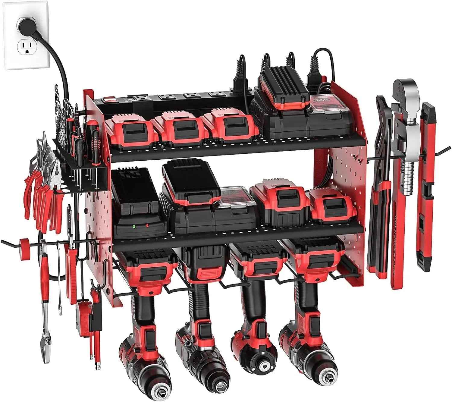 Power Tool Organizer Wall Mount, Cordless Drill Holder with 8 - Outlet Power Strip, Modular Garage Organization Storage Rack 36 Months Warranty - One click