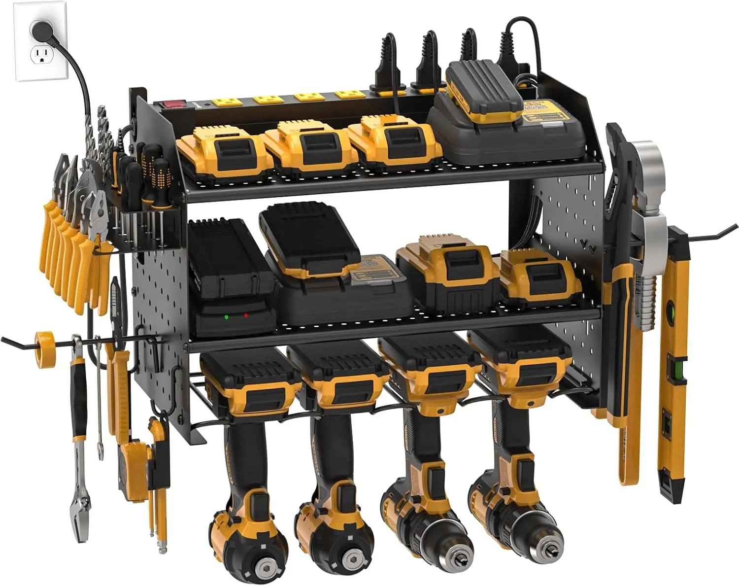 Power Tool Organizer Wall Mount, Cordless Drill Holder with 8 - Outlet Power Strip, Modular Garage Organization Storage Rack 36 Months Warranty - One click