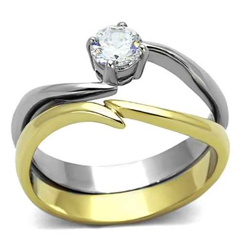TK1092 - Two - Tone IP Gold (Ion Plating) Stainless Steel Ring with AAA - One click
