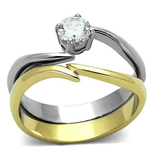 TK1092 - Two - Tone IP Gold (Ion Plating) Stainless Steel Ring with AAA - One click
